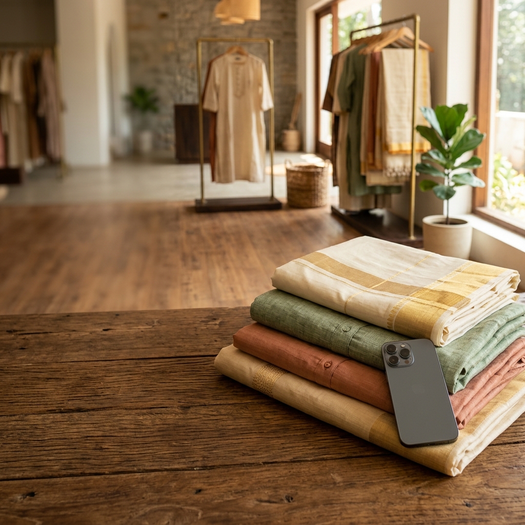 Premium Indian fashion boutique interior with warm natural light, folded fabrics, phone and clothing rail